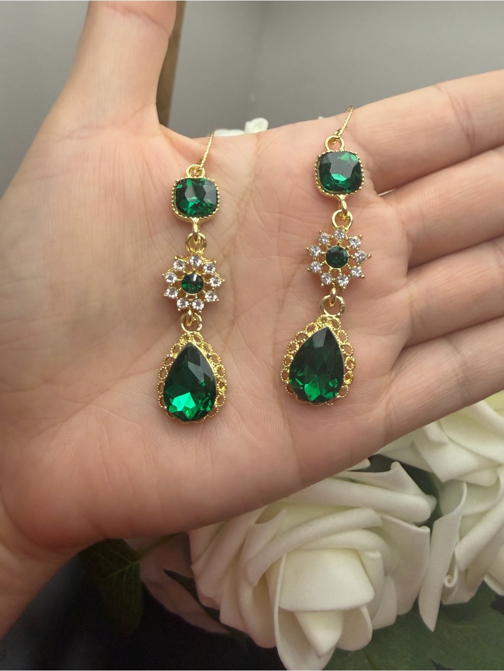 Gold-Plate Emerald Green Teardrop Drop Earrings